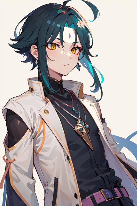 00041-3836887250-masterpiece, best quality, 1boy, male focus, yellow eyes,  _lora_Genshin_Xiao_AP_v3_0.65_, _jacket, necklace, earrings, shirt, d.png